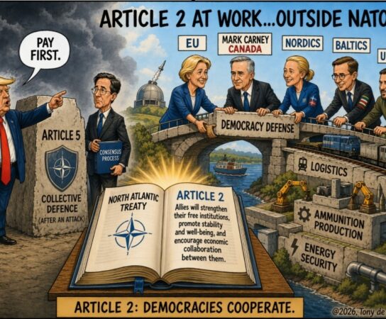 AI-EDITORIAL CARTOON - NATO Article 2 At Work....Outside NATO @2026, Tony de Bree - def2