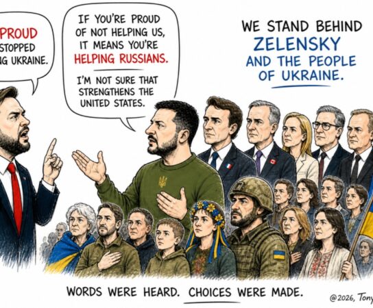 AI-Political Cartoon - The Words By Vance Were Heard - Zelensky Answered, Choices Were Made - @2026, Tony de Bree